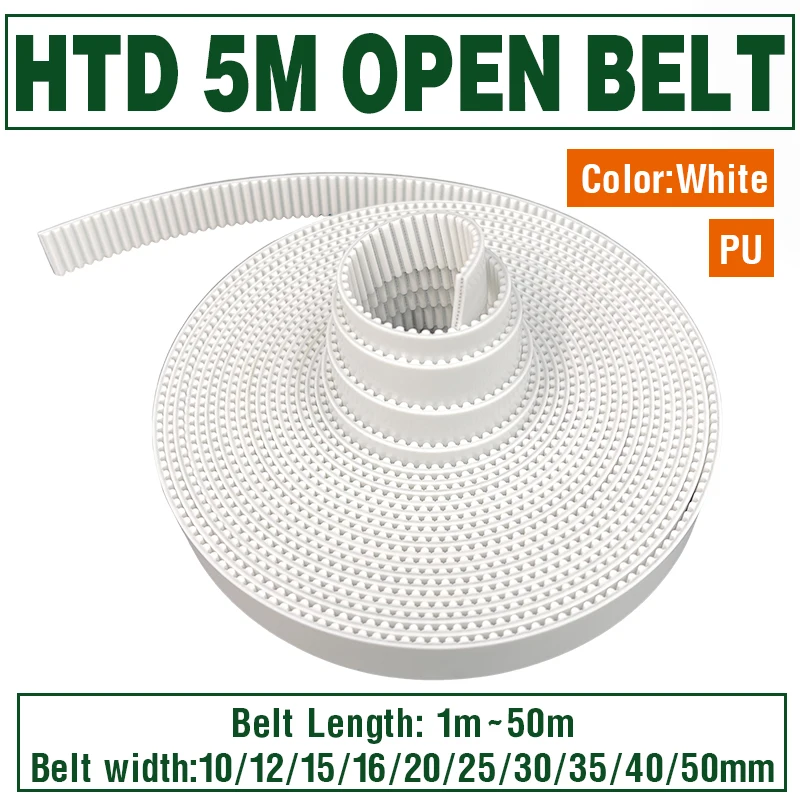HTD5M Open Belt PU Belt HTD 5M Synchronous Open Belt Width 10/12/15/16/20/25/30/35/40/50mm 5M White Open Belt PU Belt Steel Core