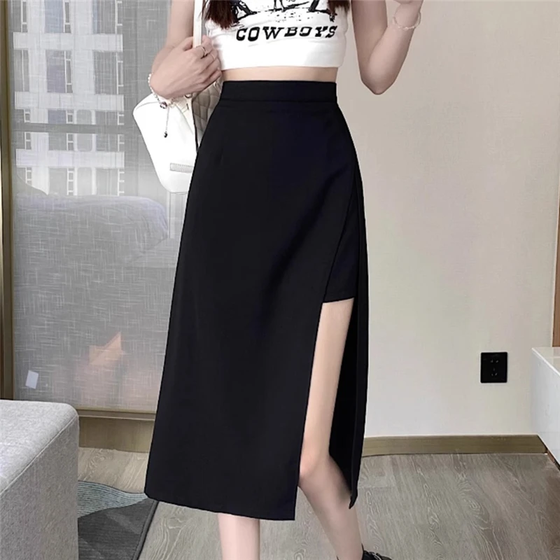 Black Irregular Slit Skirt for Women Summer Mid-length A-line 2023 New High Waist Hip Skirt Harajuku Vintage Women Clothing