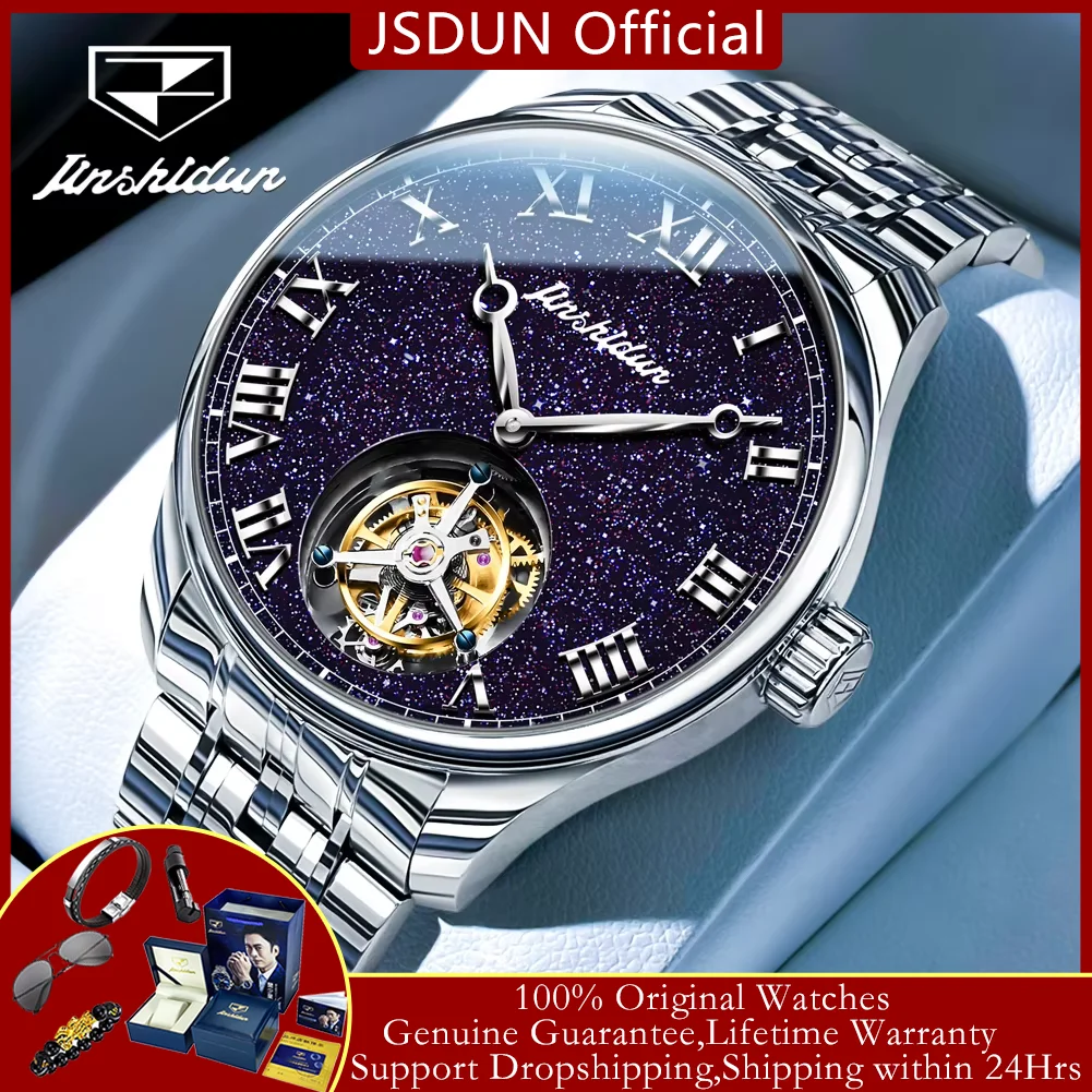 

JSDUN Tourbillon Watch for Men Luxury Automatic Man Watch Roman Scale Starry Sky Skeleton Flywheel Waterproof Mechanical Watches