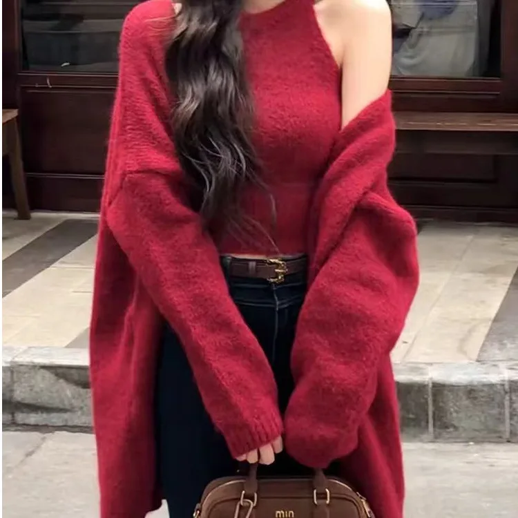 

Lazy and Sophisticated 2025 Autumn Outfit Red Sweater Cardigan Jacket Women's Autumn and Winter Knitted New Top Set