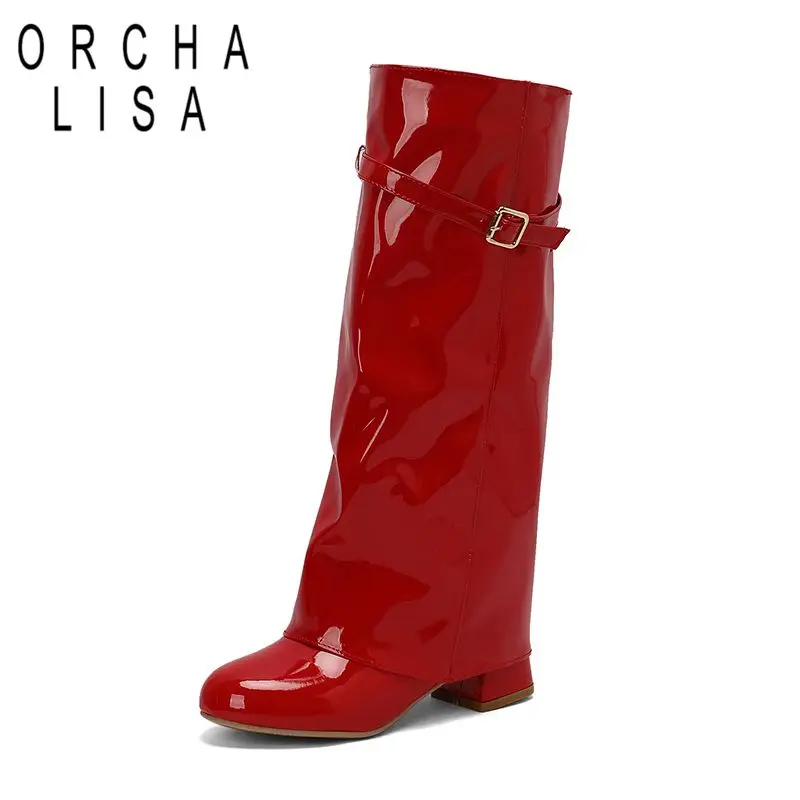 

ORCHALISA Design Female Mid Calf Boots Round Toe Slip On Belt Buckle Big Size 42 43 Fashion Street Punk Style Women Bota Winter