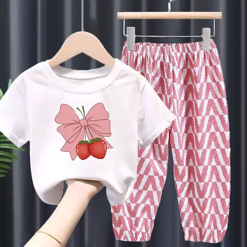 Fashion Children Girl Sets Summer Kids Casual Sportswear Strawberry Printed Shorts Sleeved Tops+pants 2Pcs Sets Kids Girl Suit