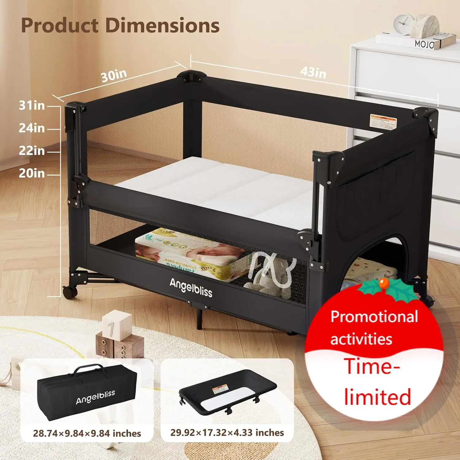 

Baby Bassinet Bedside Crib, Pack and Play with Mattress, Diaper Changer, One-Push Setup Playards from Infants to Toddlers (Balck