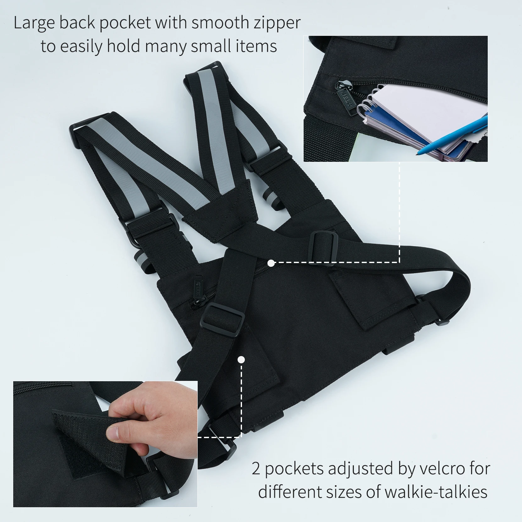 KUNN Radio Harness dengan Tali Reflektif, Micro Rig Harness Chest Pack Rompi Taktis Tas Sarung Radio