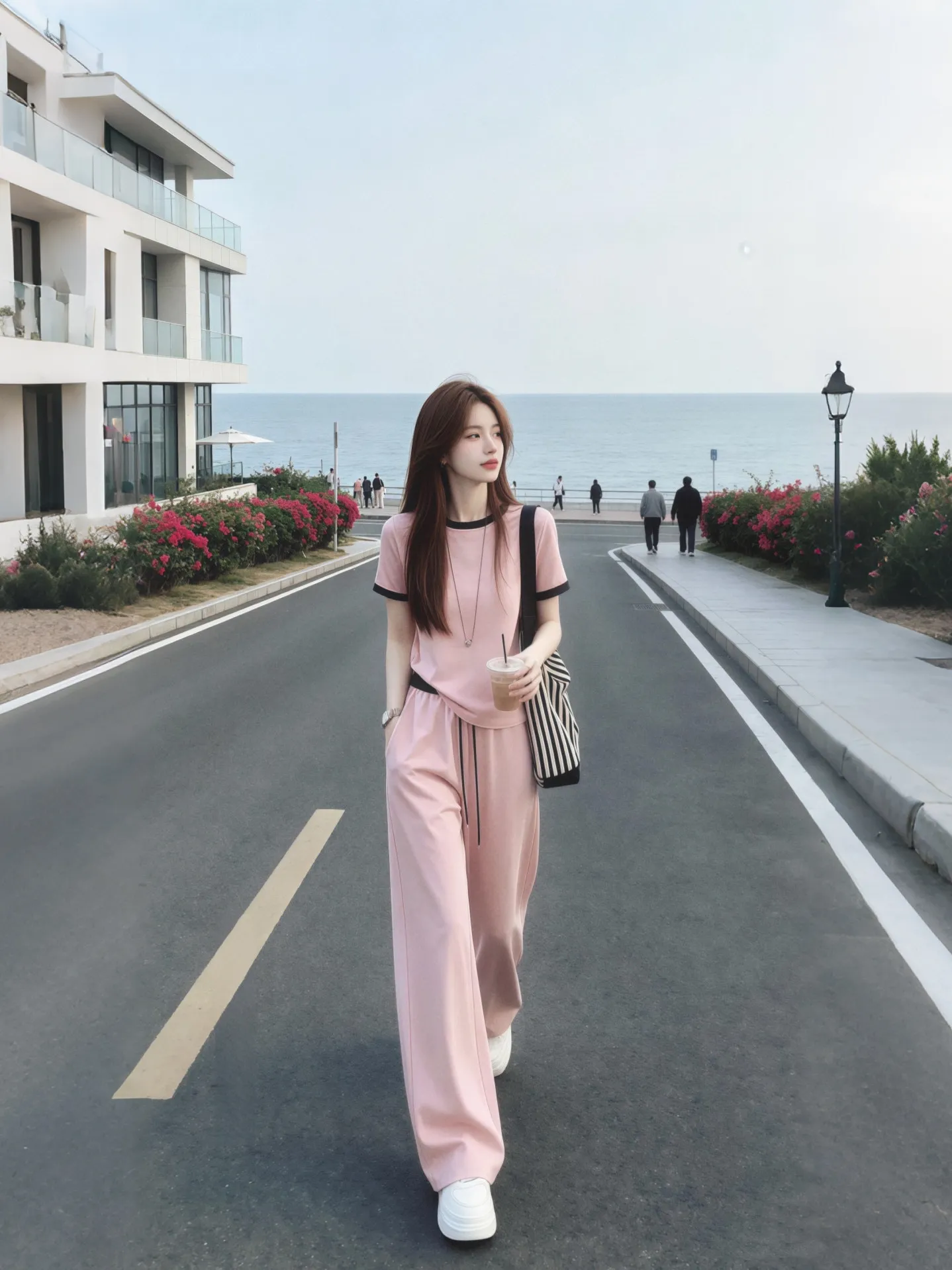 

Summer Anti-Aging Fashionable Loose Fit Color Block round Neck T-Shirt High Waist Wide Leg Pants Two Piece Set Korean Style