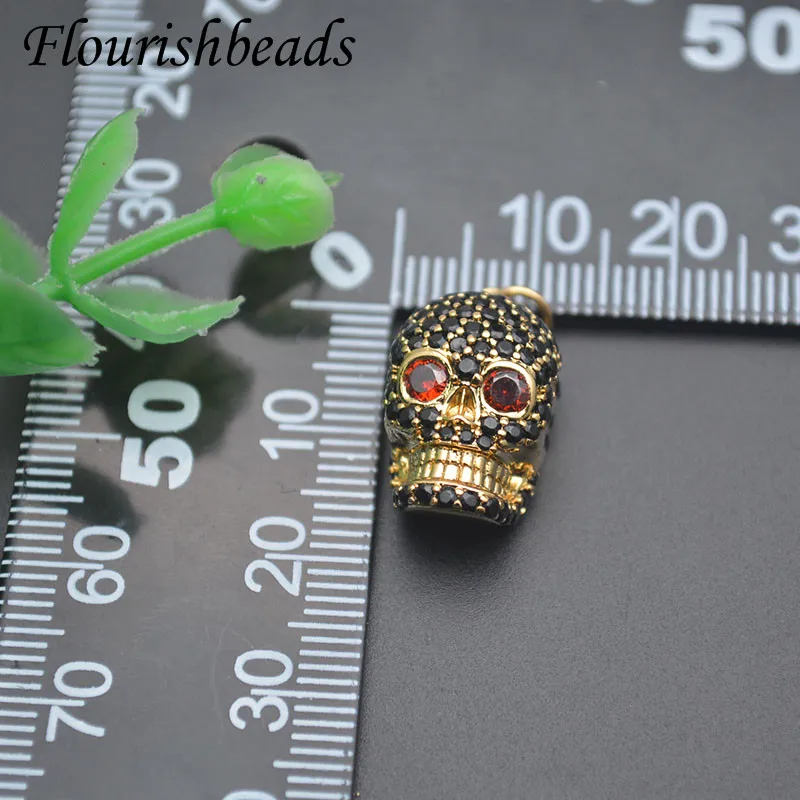 12x17mm Luxury Paved Black CZ Beads Gold Color Metal Skull Head Charms Pendant  DIY Jewelry Making