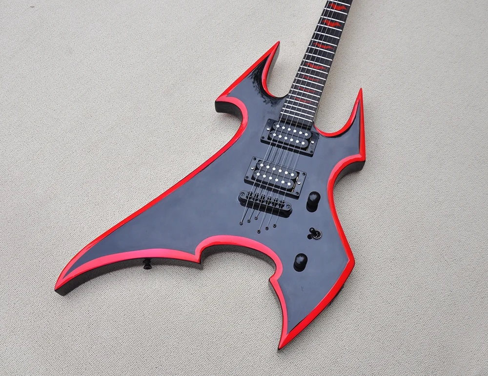 Unusual Shape Black Body Electric Guitar with Rosewood Fretboard,Black Hardware,Red binding,Provide Customized Services