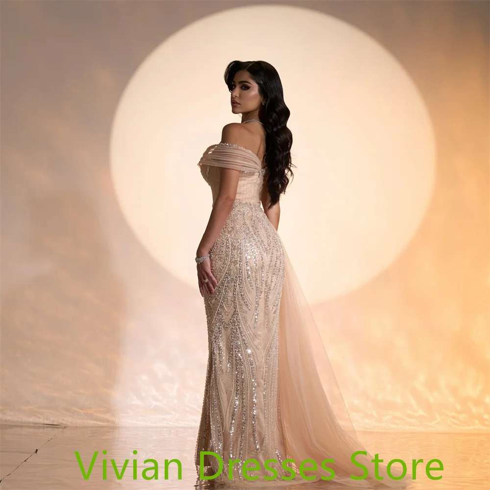 

Customized Temperament pink Tulle Celebrity Gowns Exquisite Strapless Off the Shoulder Sequined Panel Train Zipper Back Party D