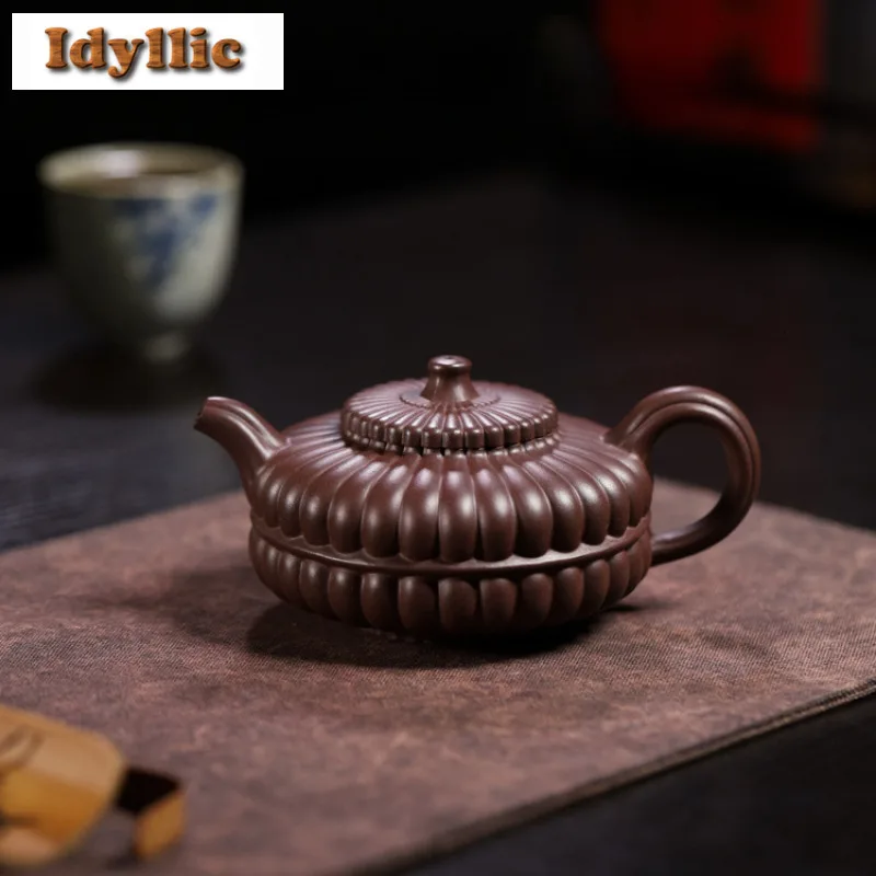 200ml Vintage Yixing Purple Clay Teapots Handmade Rib Pot Raw Ore Purple Mud Kettle With Strainer Zisha Teaset Cafes Accessories