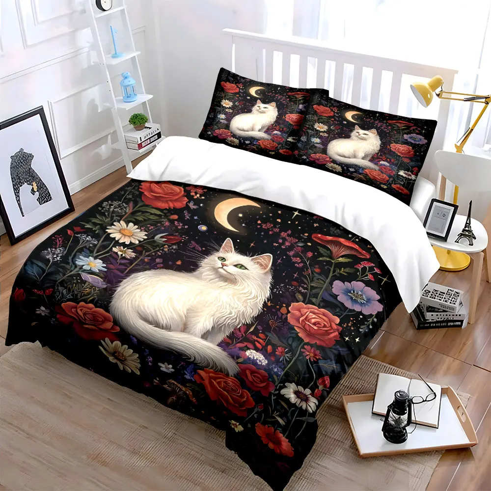 White Cat with Flowers Moonlight and Stars Bedding Set for Kids Luxury Gift 3pcs Digital Print Comforter Set Soft Comfortable