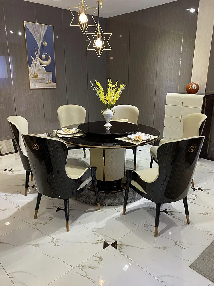 Round dining table and chairs high-end custom restaurant solid wood round table leather dining chair villa furniture