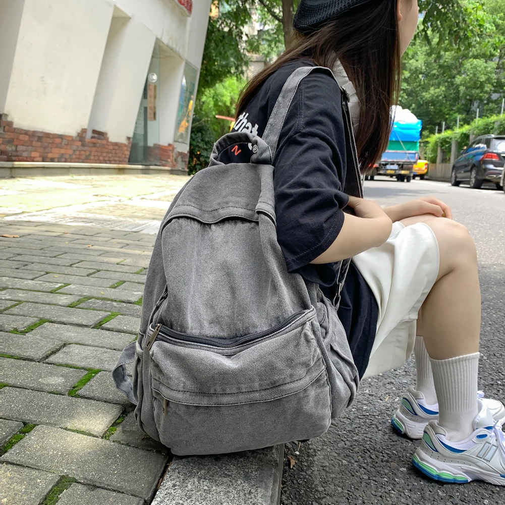 Denim Leisure Backpack Solid Students Fashion Schoolbags Large Capacity Zipper Vintage Backpack for Outing Hiking Shopping