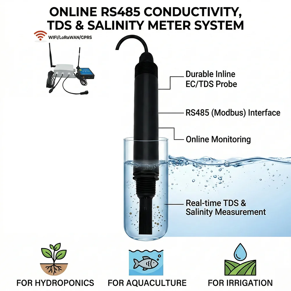 

Датчик электропроводности воды RS485 EC, подводный датчик TDS и солености IP68, подходит для сельскохозяйственных гидропонных систем
