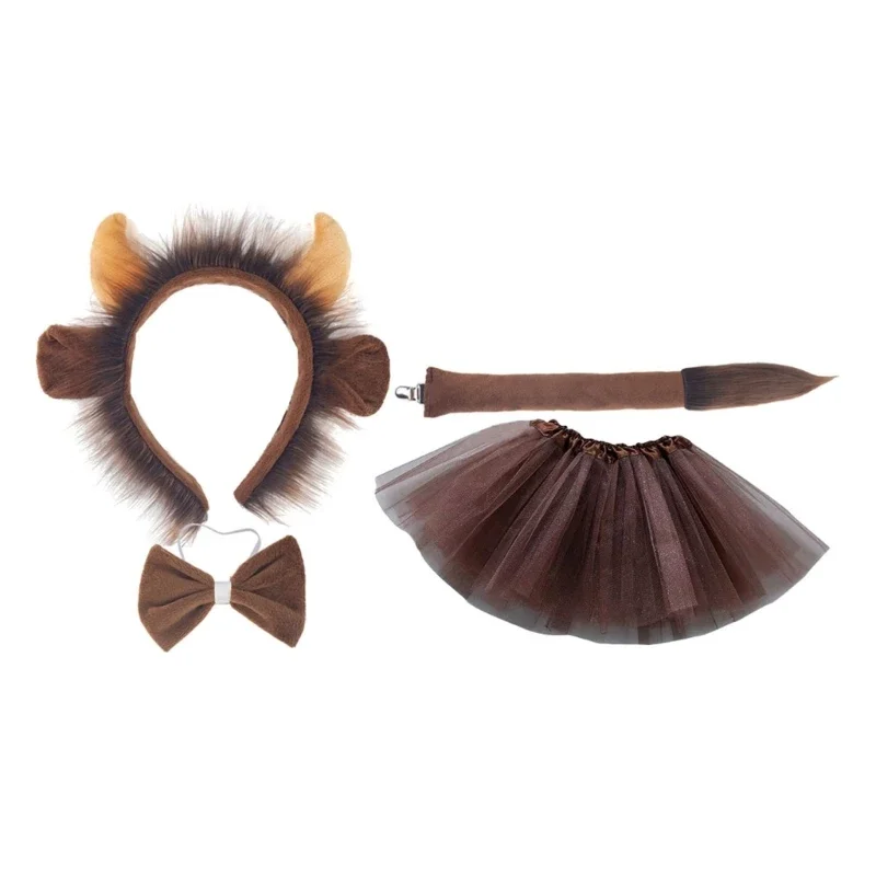 Halloween Boys Girls Cosplay Animal Costume Accessories Festival Party Stage Wear Children Plush Cowhorn Hairband Tail Skirt