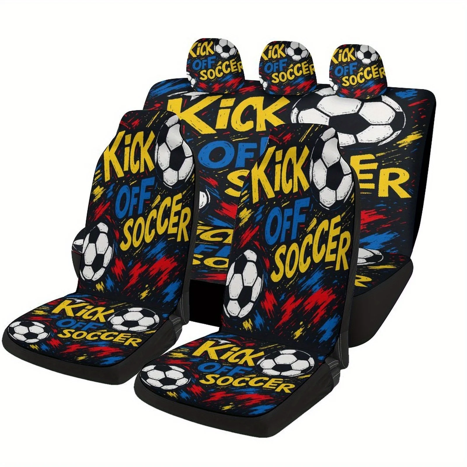 

Kick Off Soccer Themed Car Seat Cover Set - Vibrant Blue & Red Design With Football Graphics, Universal Fit For Most Cars, Machi