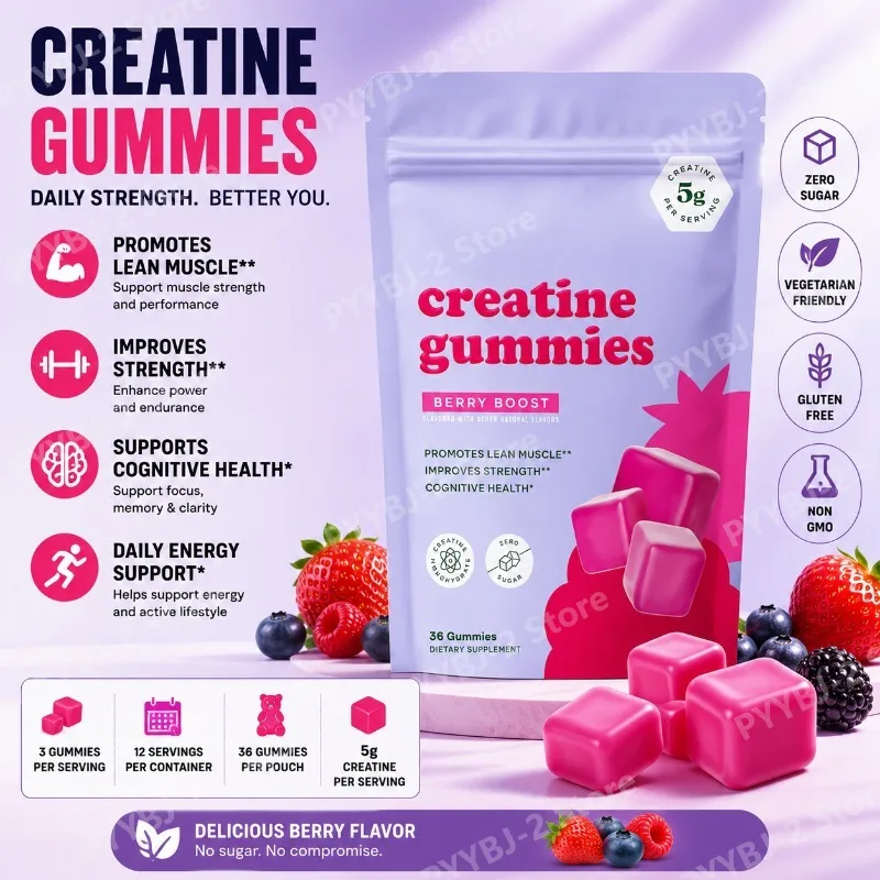 

Berry Flavor Sugar Free Creatine Gummies Daily Health Nutrition & Lean Muscle Support，Gluten Free & Non GMO 36 Pieces Per Bag