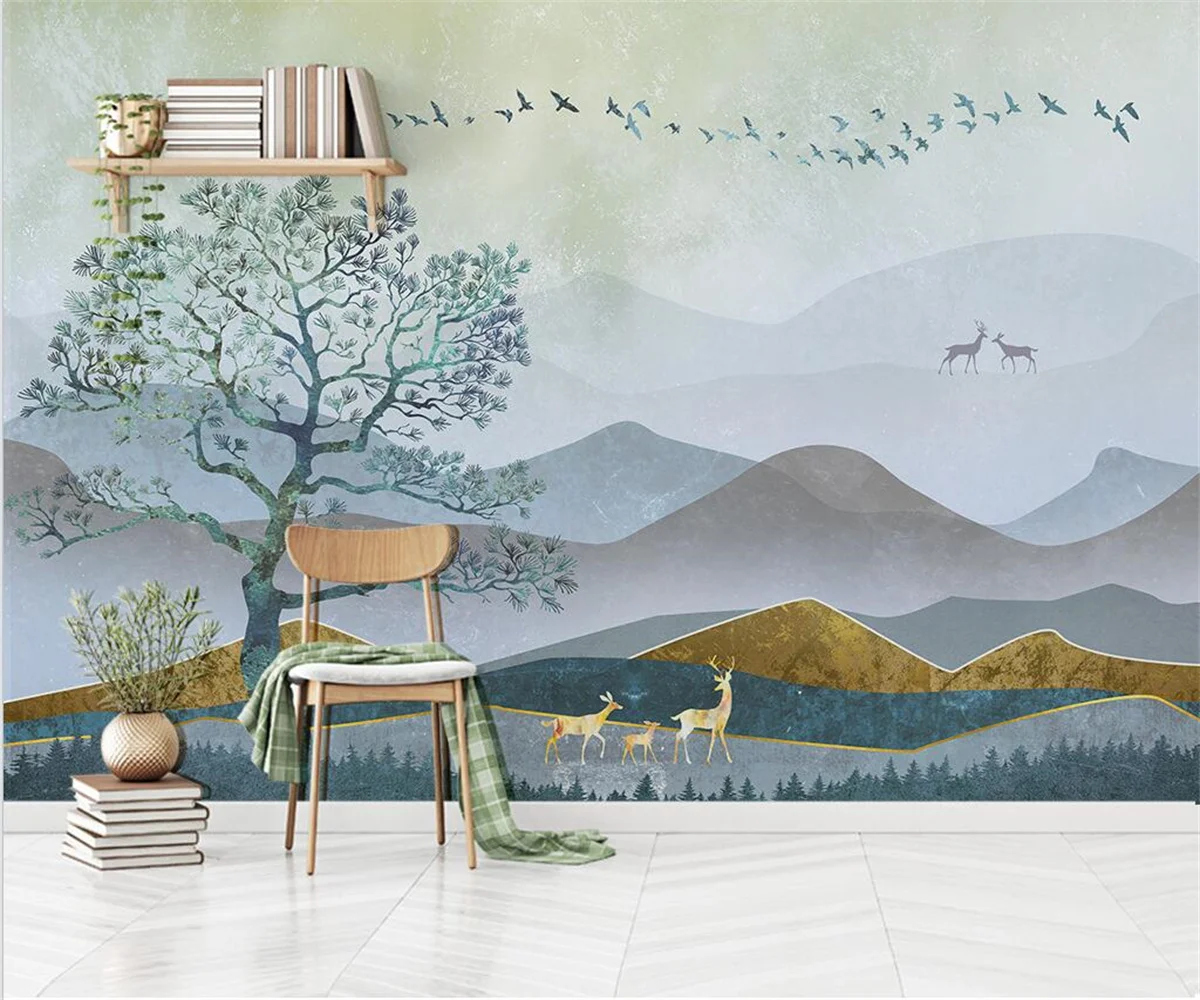 Custom mural Chinese style ink painting mountains and lakes wallpaper artistic conception mist birds mountains decorative mural