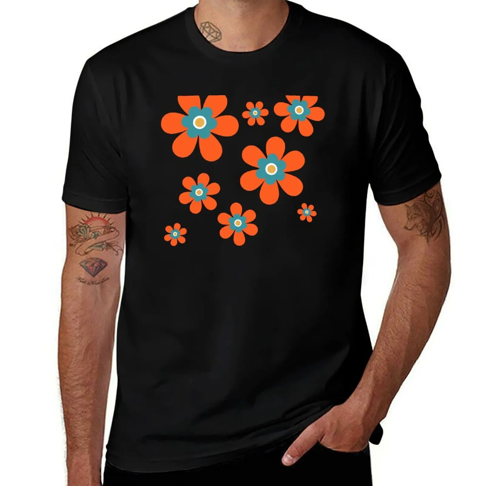 Cute retro 70s colorful autumn flower power bright orange and hot pink graphic pattern. Caroline Laursen Original T-Shirt