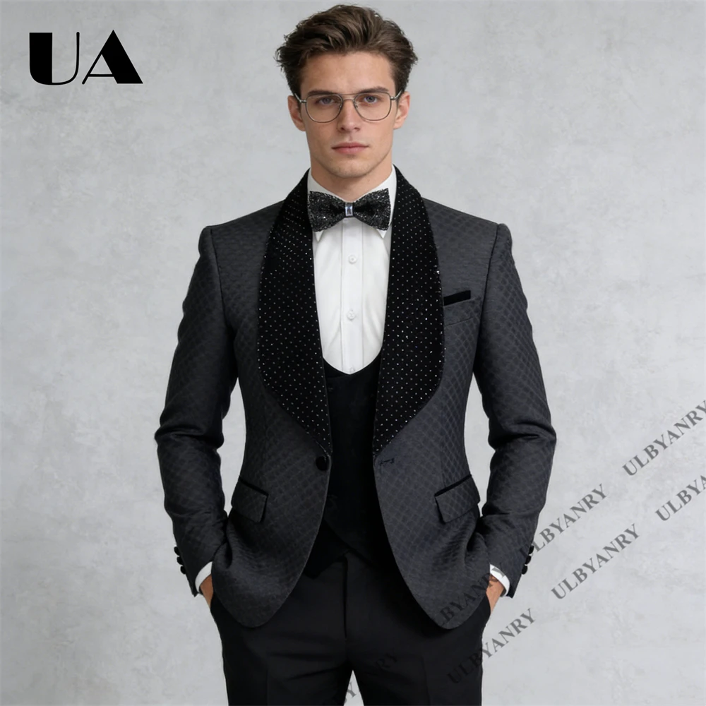 ULBYANRY Three Piece Shiny Suit Set Including Jacket Vest Pants, Velvet Collar and Vest, Slim Fitting Formal Business Tuxedo