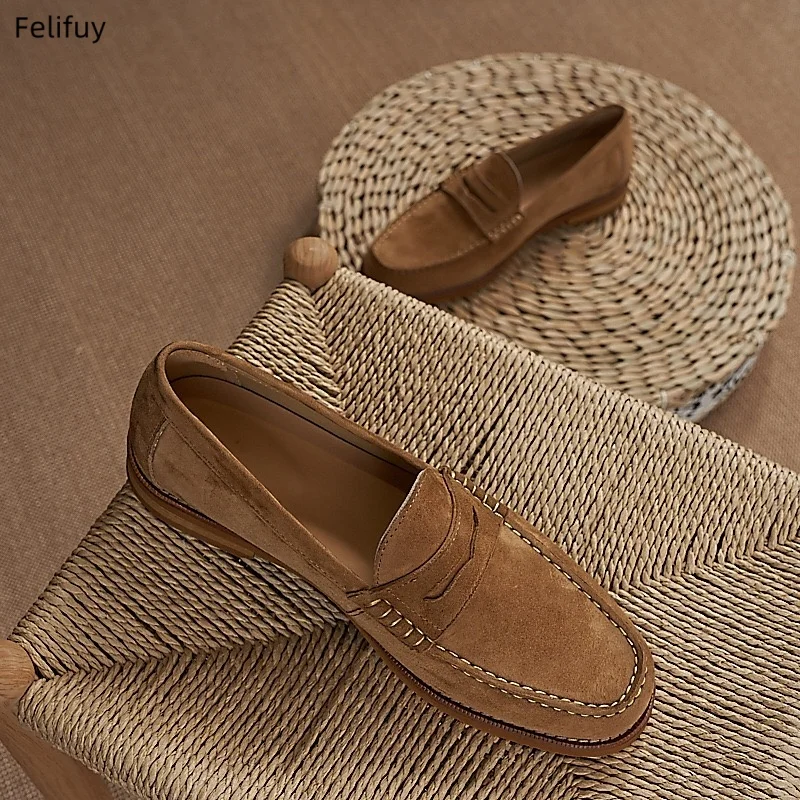 

New British Style Men‘s Cow Suede Genuine Leather Loafers Dress Shoes Slip On Comfortable Leather Moccasins Party Dress Shoes