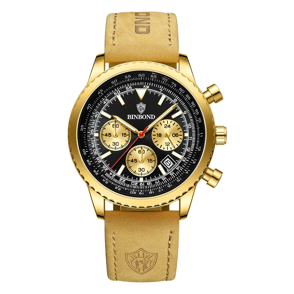 ساعة رياضية فاخرة للرجال ساعات عسكرية جلدية مقاومة للماء تقويم مضيء كرونوغراف ساعة يد كوارتز عصرية للرجال