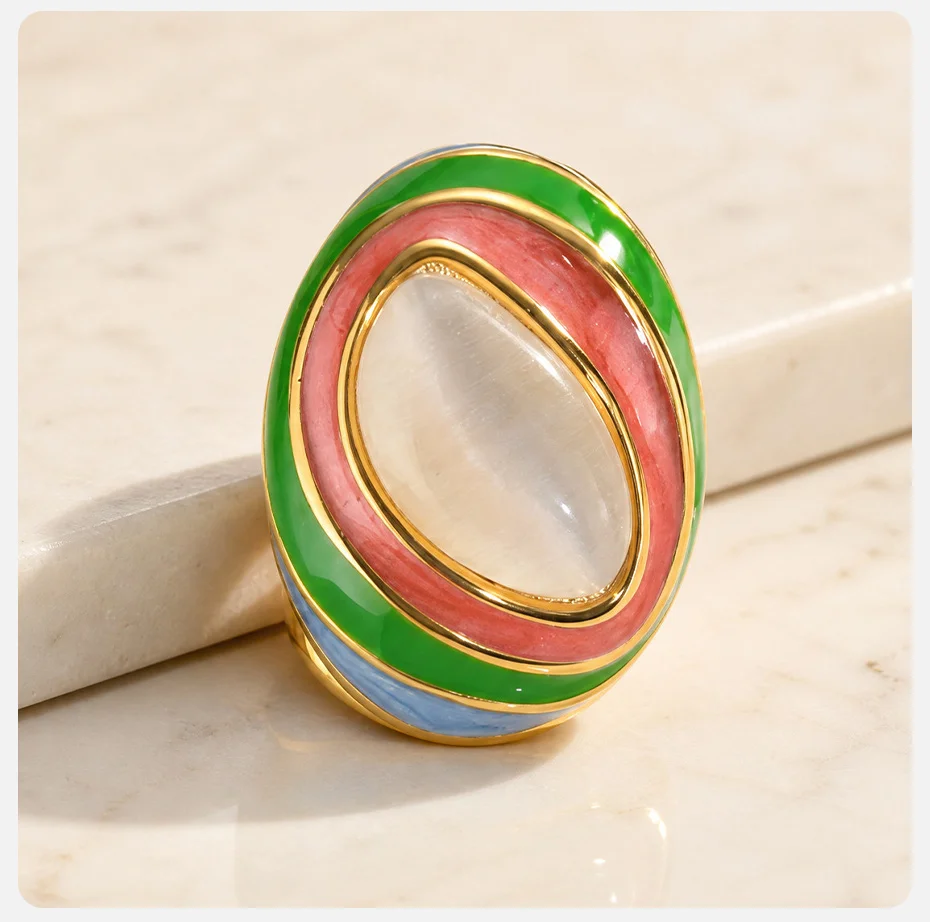 Vnox Geometrischer Spiralring mit Buntem Glasur-Effekt und Naturstein für Damen, Vergoldeter Edelstahl, Mehrschichtiger Farbring – Detail 6