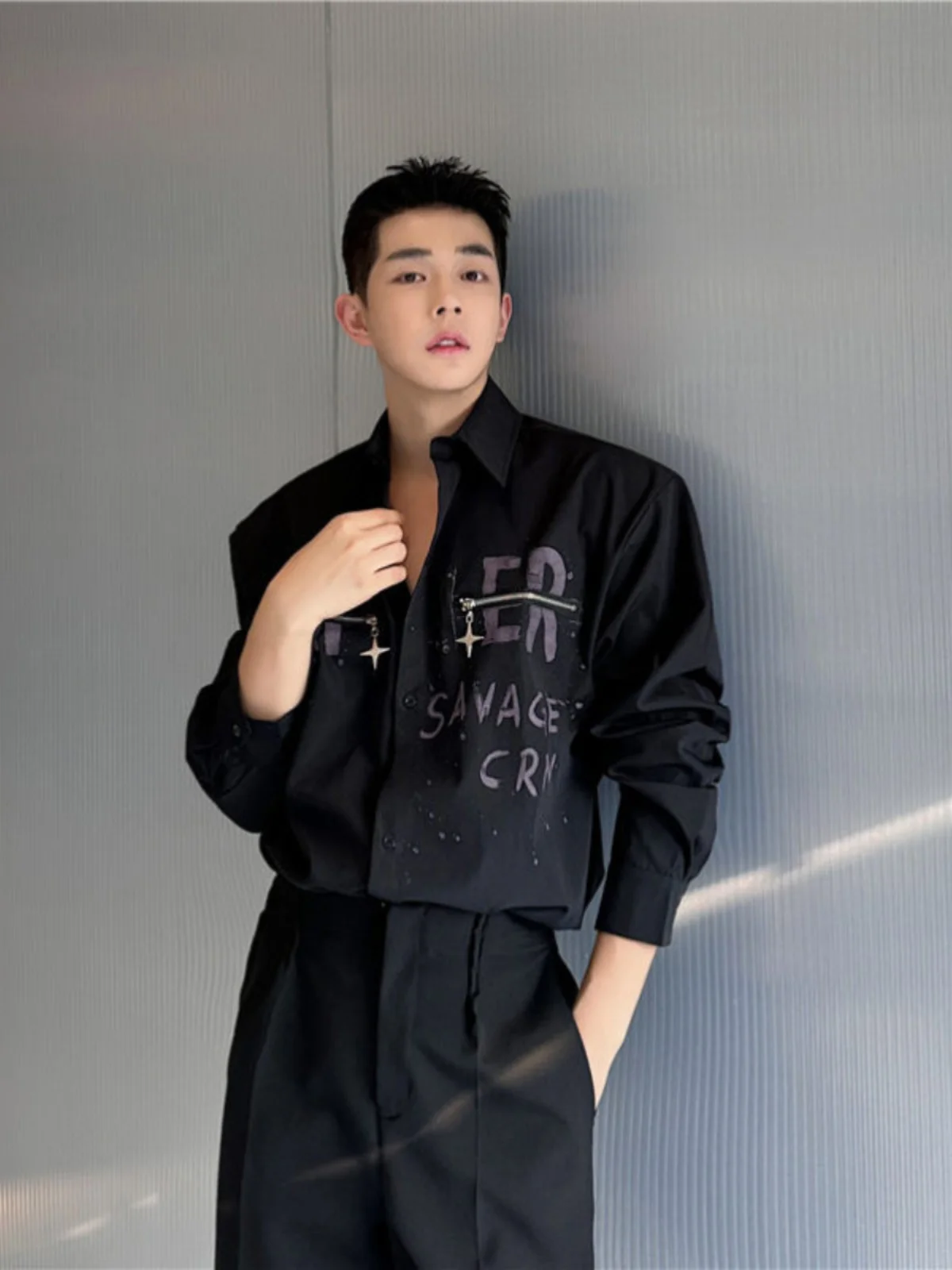 

Printed Design Zipper Decorated Loose Men's irt Trendy Versatile Hairst irt Spring Youth Long Sve