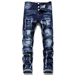 Jeans strappati moda uomo marca di alta qualità Dsq2 uomo Slim Fit moda piede piccolo pantaloni blu Jeans Skinny elasticizzati maschili 54