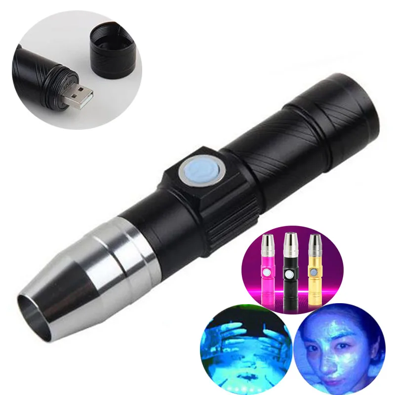 Usb 충전식 365nm Led UV 손전등 토치 라이트 울트라 바이올렛 램프 블랙 라이트 UV 형광 램프 돈 현금 탐지