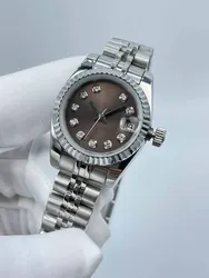 Mulheres Relógio Impermeável de Diamante, 28mm, Janela Calendário, Precisão Aço Banda, Fivela Dobrável