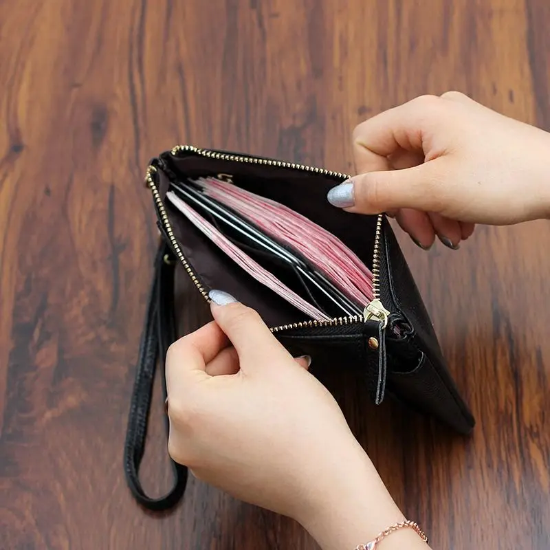 Genuine Leather Simple Pure Color Versatile Large Capacity Cowhide Korean Version Handheld Phone Bag for Women