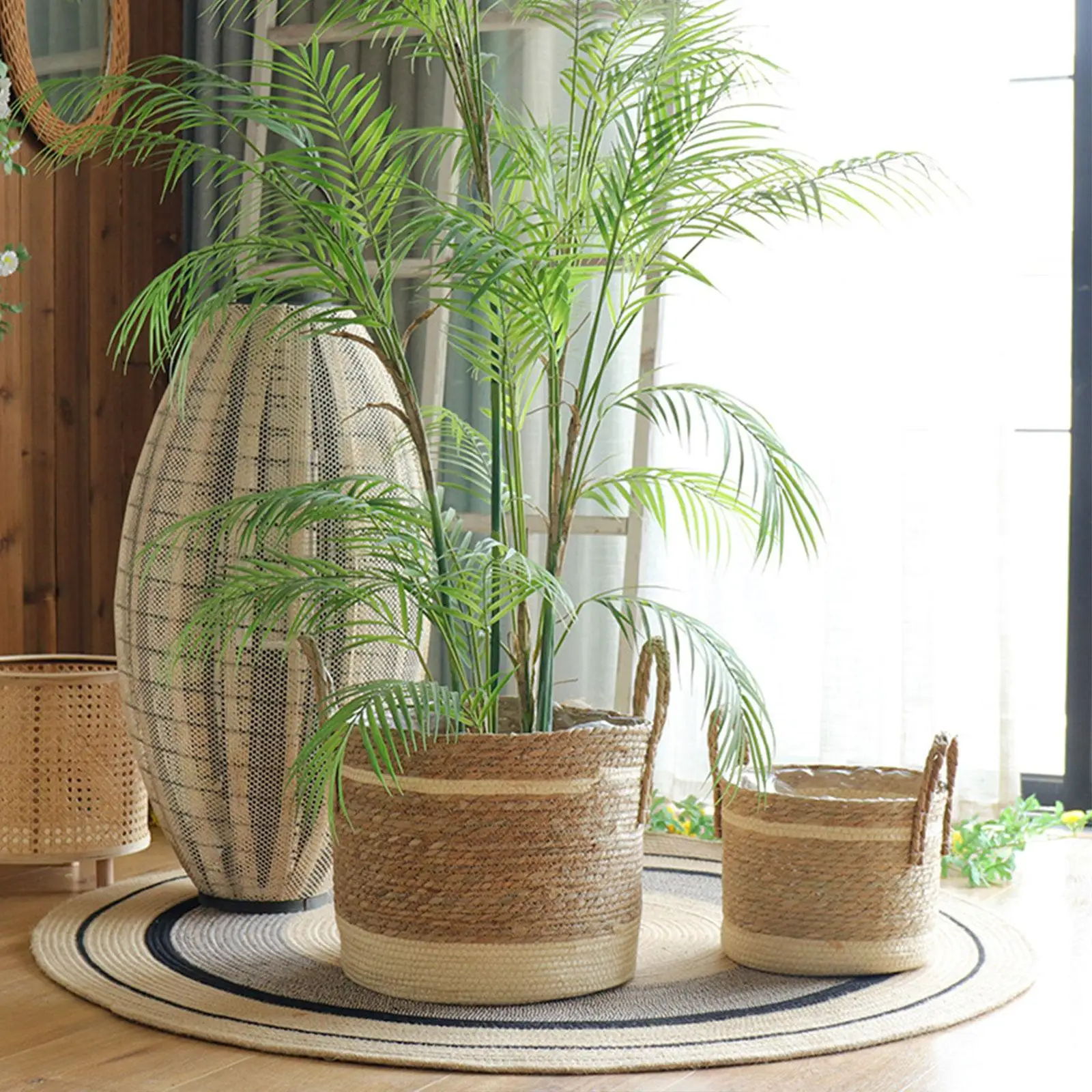 Woven Planter Basket Storage Basket Portable Home Decoration Beach Basket Grass Weaving Basket Flower Pots for Indoor Garden