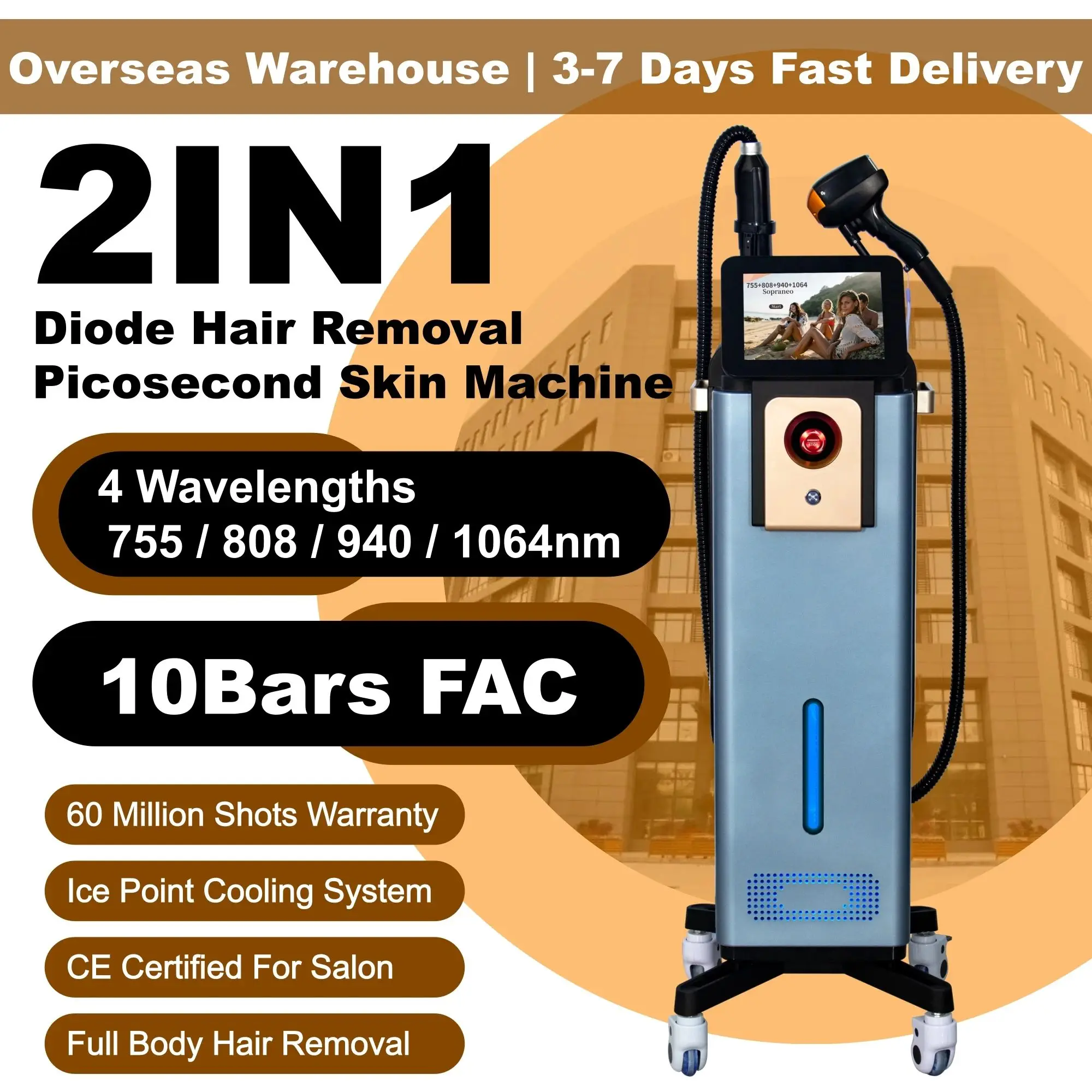 2026 Professional 2 IN 1 Diode Laser 5000w Hair Removal Machine Picosecond Qswitch ND YAG 1064NM Tattoo Removal Machine 4 Waves