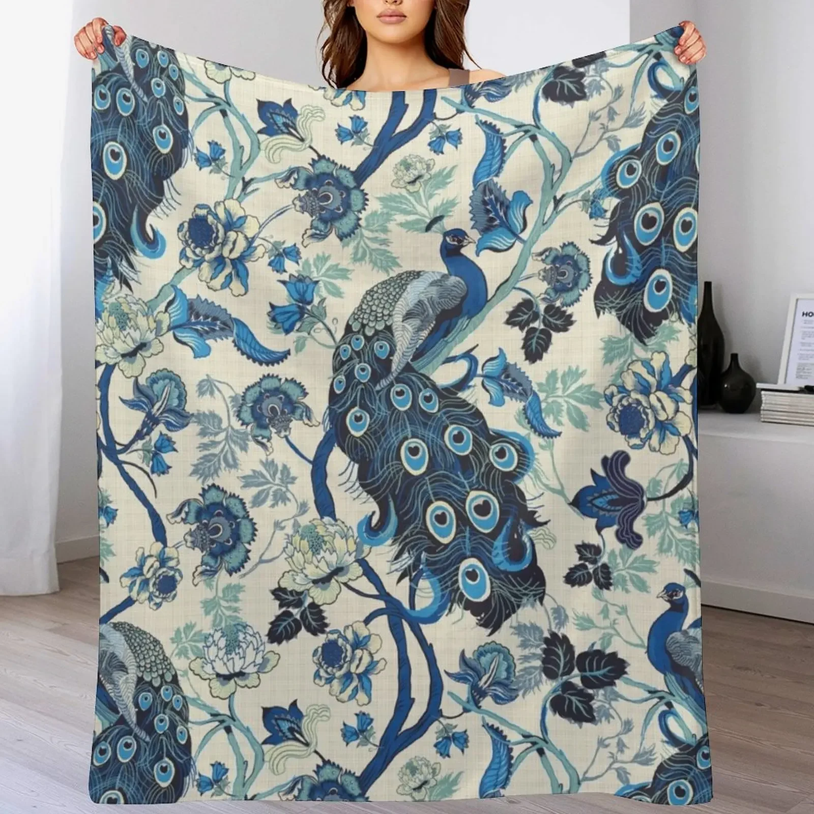 

Chinoiserie Blue Peacocks Linen look, vintage Throw Blanket blankets ands Warm Blankets