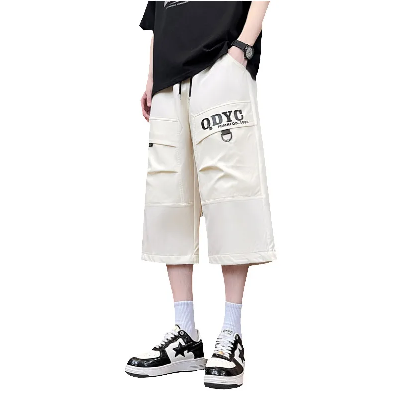 Men's Premium Ice Silk 7-point Pants New Summer Cool Letter Print Casual Straight Shorts Fashion Loose Street Chic Urban Wear
