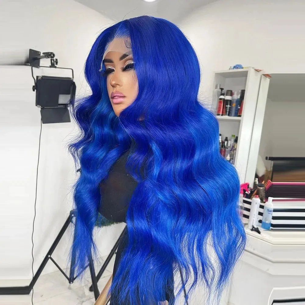 Perruque الأزرق الدانتيل شعر مستعار أمامي طويل موجة المياه الأزرق الداكن الباروكات للنساء السود الاصطناعية الدانتيل الجبهة الباروكات قبل قطعها شعري