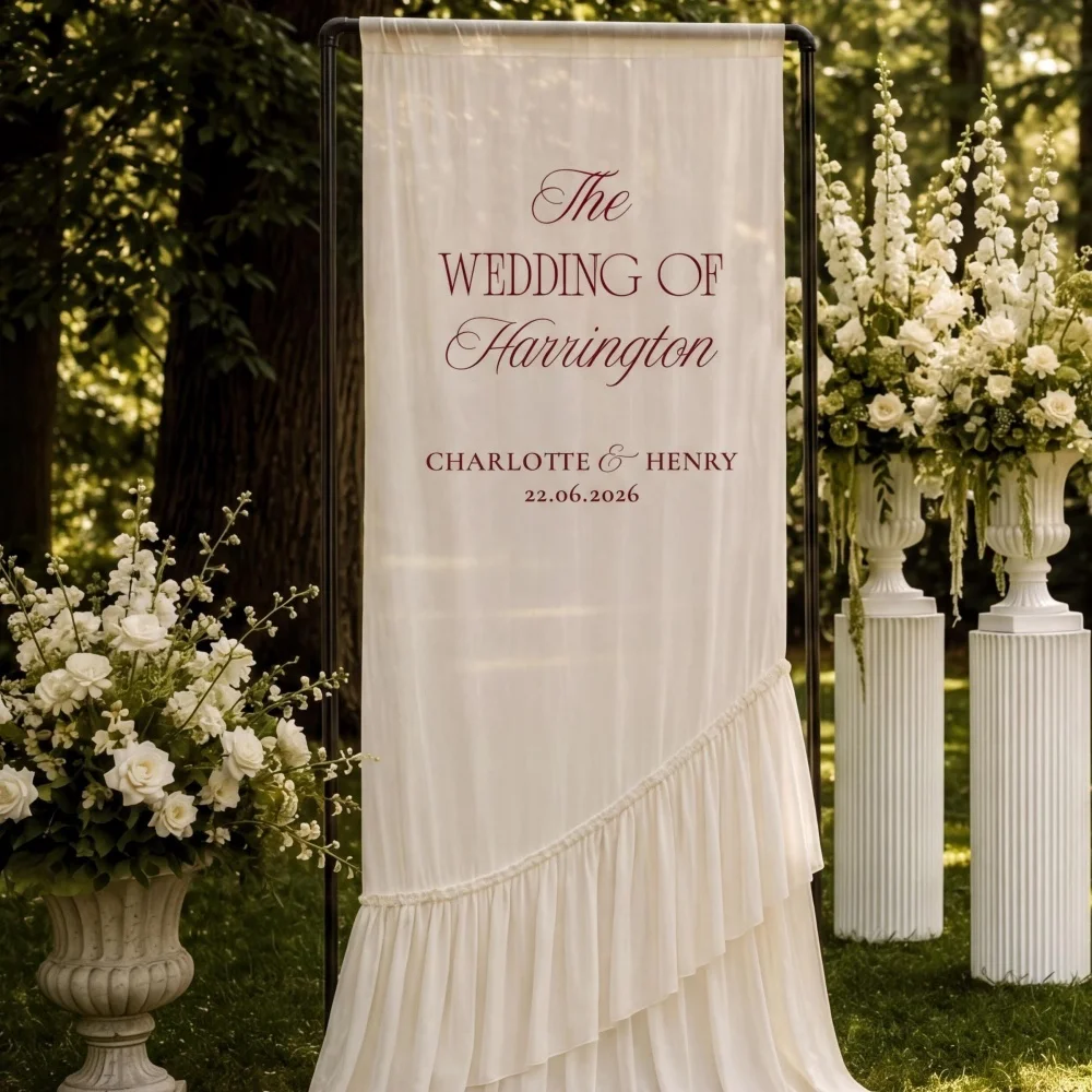Custom Ruffled Chiffon Wedding Welcome Sign,Draped Fabric Wedding Banner,Personalized Romantic Ceremony Reception Entrance Decor image 2