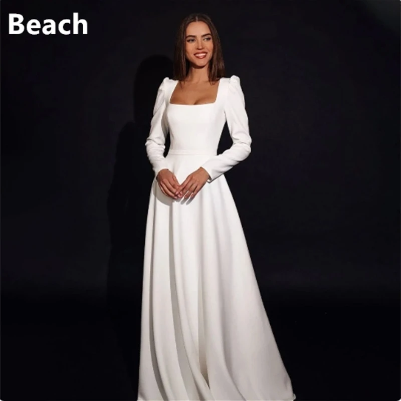 

Elegant A Line Wedding Dress Square Coallar Long Puff Sleeve Floor Length Satin Bridal Gown Simple Robe De Mariee Custom Made