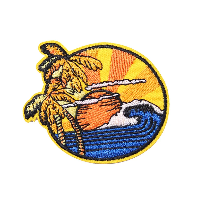 Zonsondergang Aan Zee: 7.5X6.3Cm Stoffen Patch Geborduurde Applique Naaien Kleding Accessoires Badges Cirkelvormige Yelow