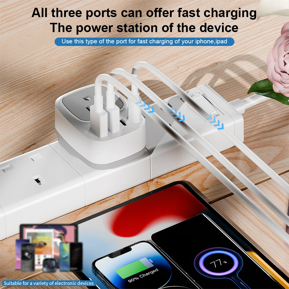 PUJIMAX 5 in 1 Type  Travel Power Plug Adapter With 1 AC Outlets & 4 USB Ports, US to UK Travel Adapter for Ireland Scotland