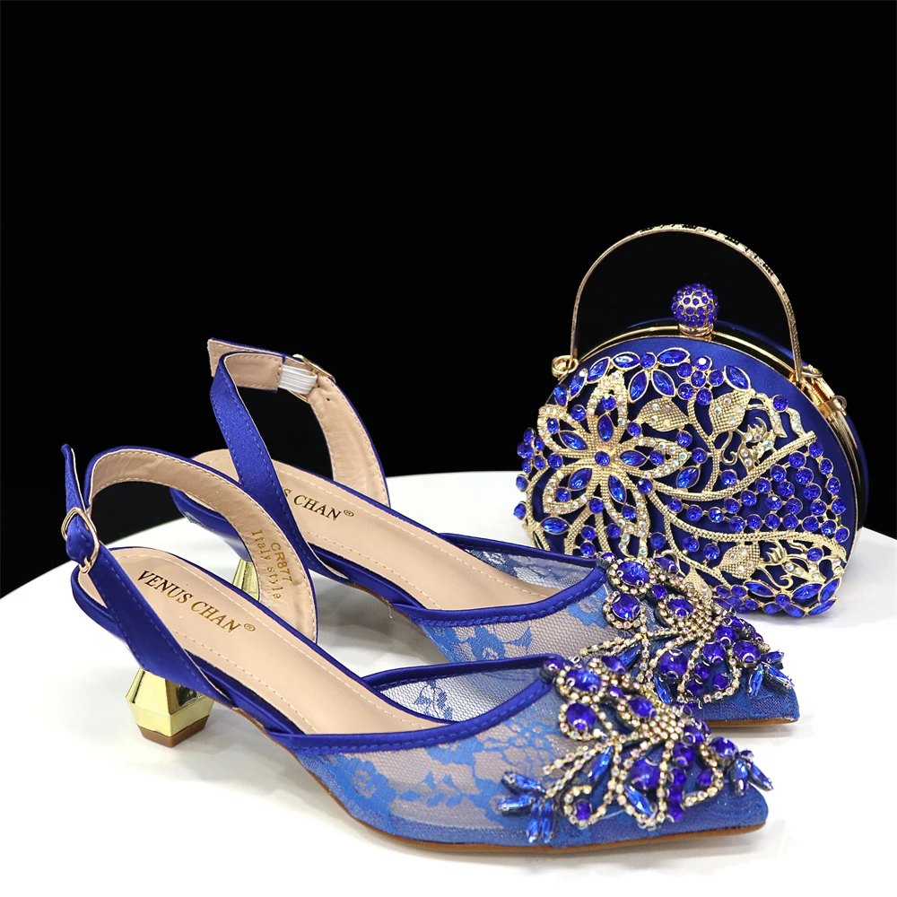 2024 Special Mature Style Design Blue Color High Heel Sandals Shoes Martching Handal Bag For Party Women