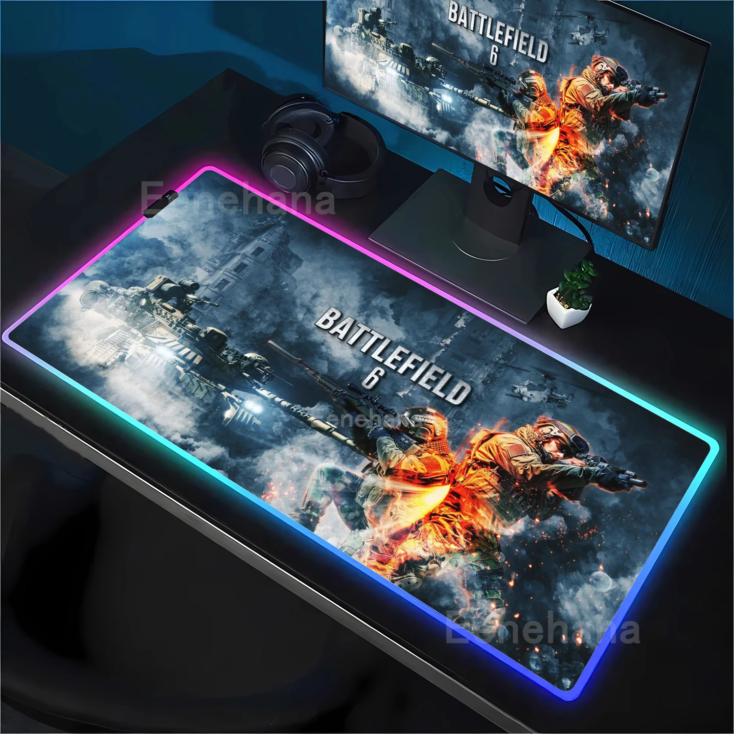 Alas Meja Gamer RGB Baru Lampu Latar B-Battlefield 6 Alas Mouse Lampu Belakang Led Aksesori Gaming Besar Overlock Esports Mousepad