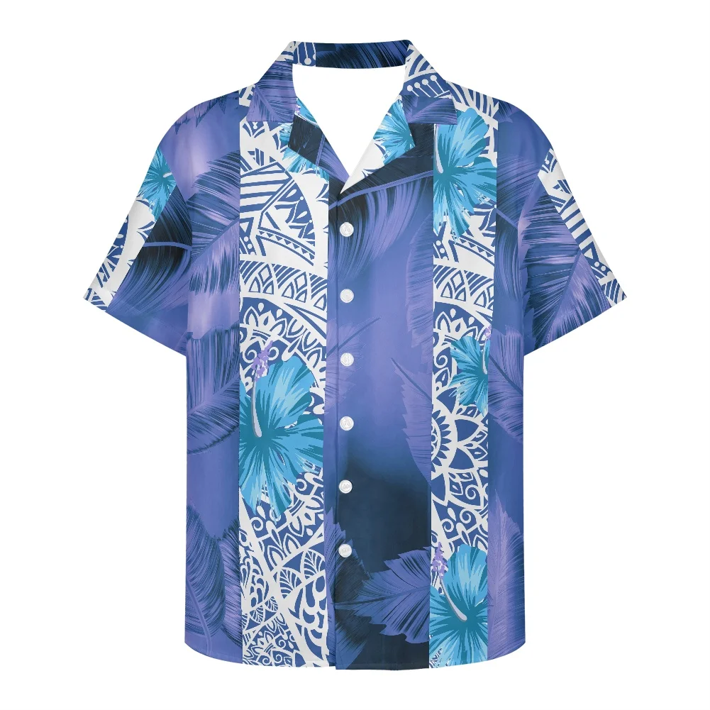 

HYCOOL Summer Casual Short Sleeve Button Up Hibiscus Print Hawaiian Polynesian Tribal Men Shirt For Groomsmen Wedding Party Blue