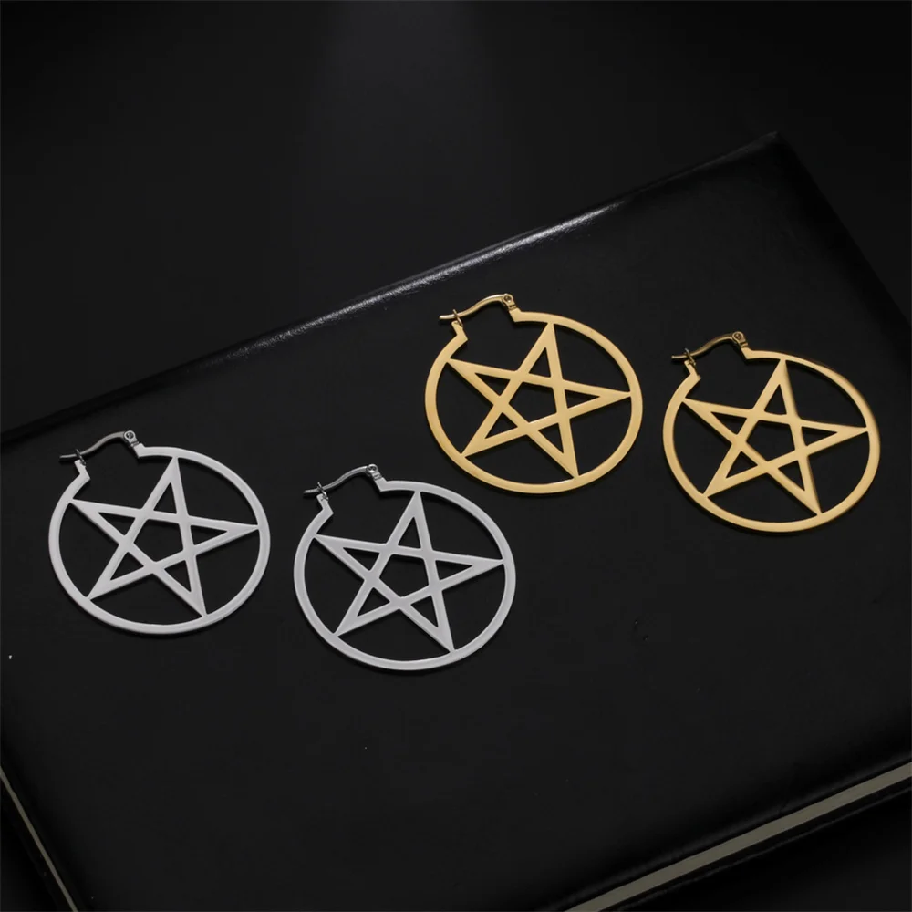 EUEAVAN Punk Stainless Steel Satanic Pentagram Hoop Earrings Big Circle Star Drop Earrings for Women Witch Amulet Jewelry Gifts