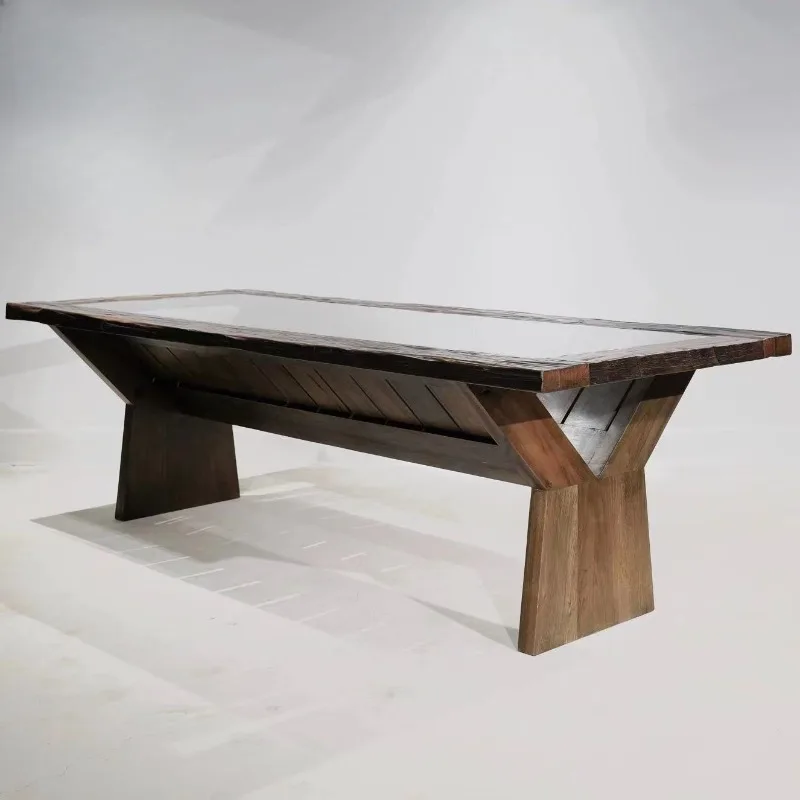 Table weathered surface with glass long table wabi sandy wind solid wood desk