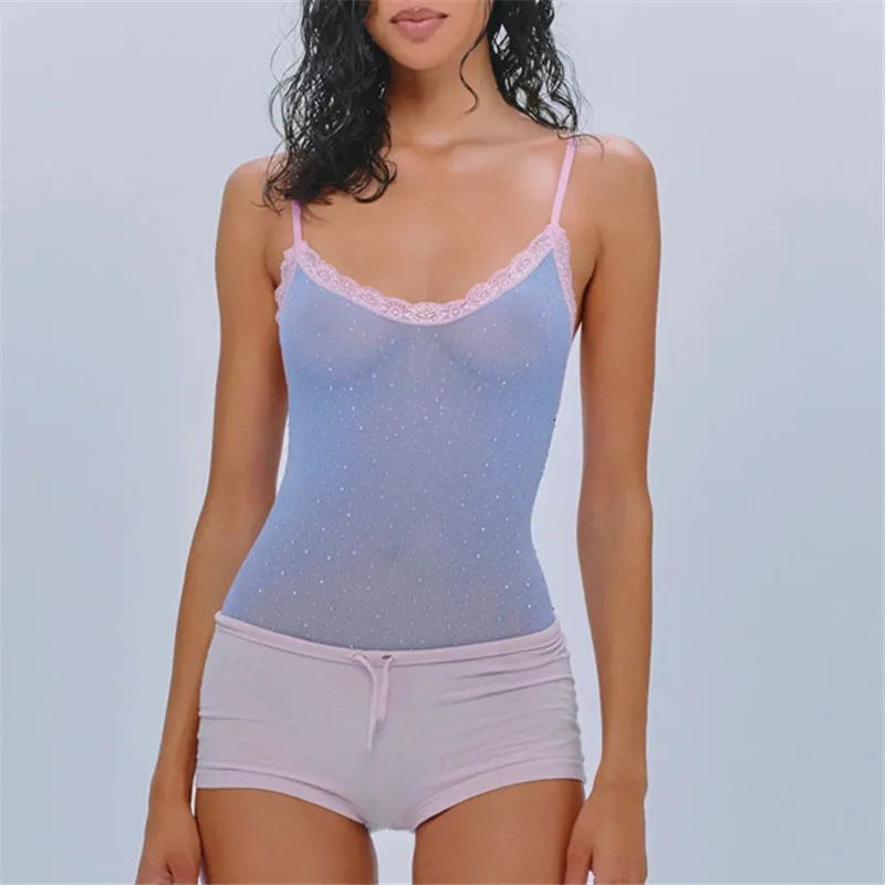 

Women's Sheer Mesh Bodysuit Rhinestone V Neck Spaghetti Strap Shirts Lace Trim Slim Fitted Summer Bodysuits