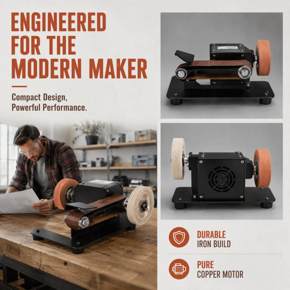 Multi Function Bench Grinder Pure Copper Motor Metal Base Variable Speed Grinder Sanding Belts Compact Body
