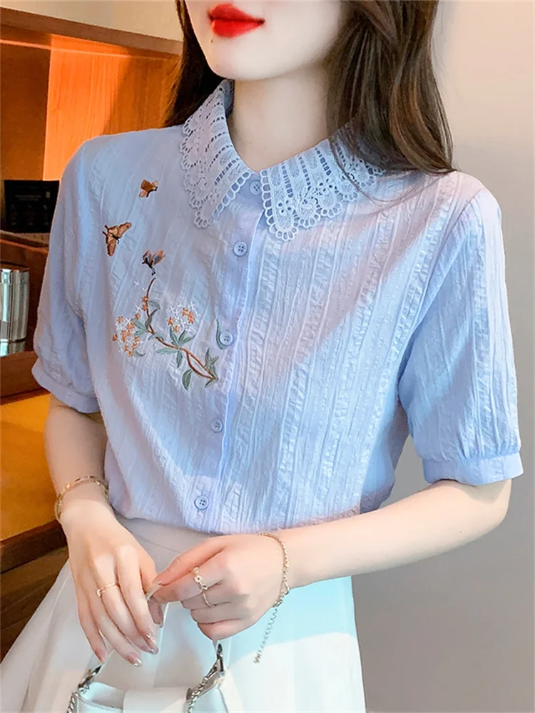 #3307 Blue Pink White Shirts Women Embroidery Floral Slim Sexy Retro Lace Turn-down Collar Womens Tops And Blouses Short Sleeve