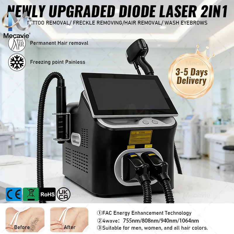 2 IN1 Diode Hair Reduction And Picosecond Skin Beauty Machine Multiple Wavelength Ice Cooling Design For Salon Clinic Tattoo Pig