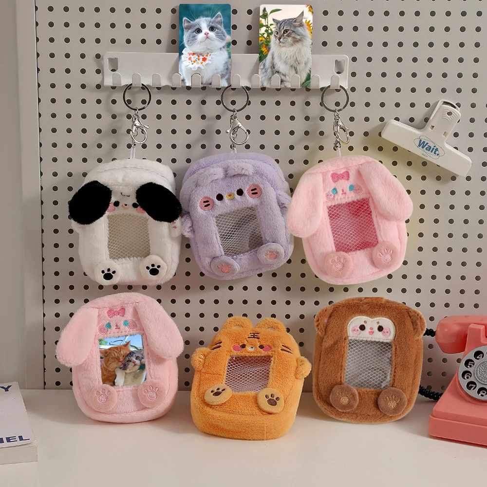 2 In 1 Plush Card Cover Cartoon Photocard Holder Soft Zipper Coin Bag Transparent Earphone Pouch Animal Series Keyring Pendant